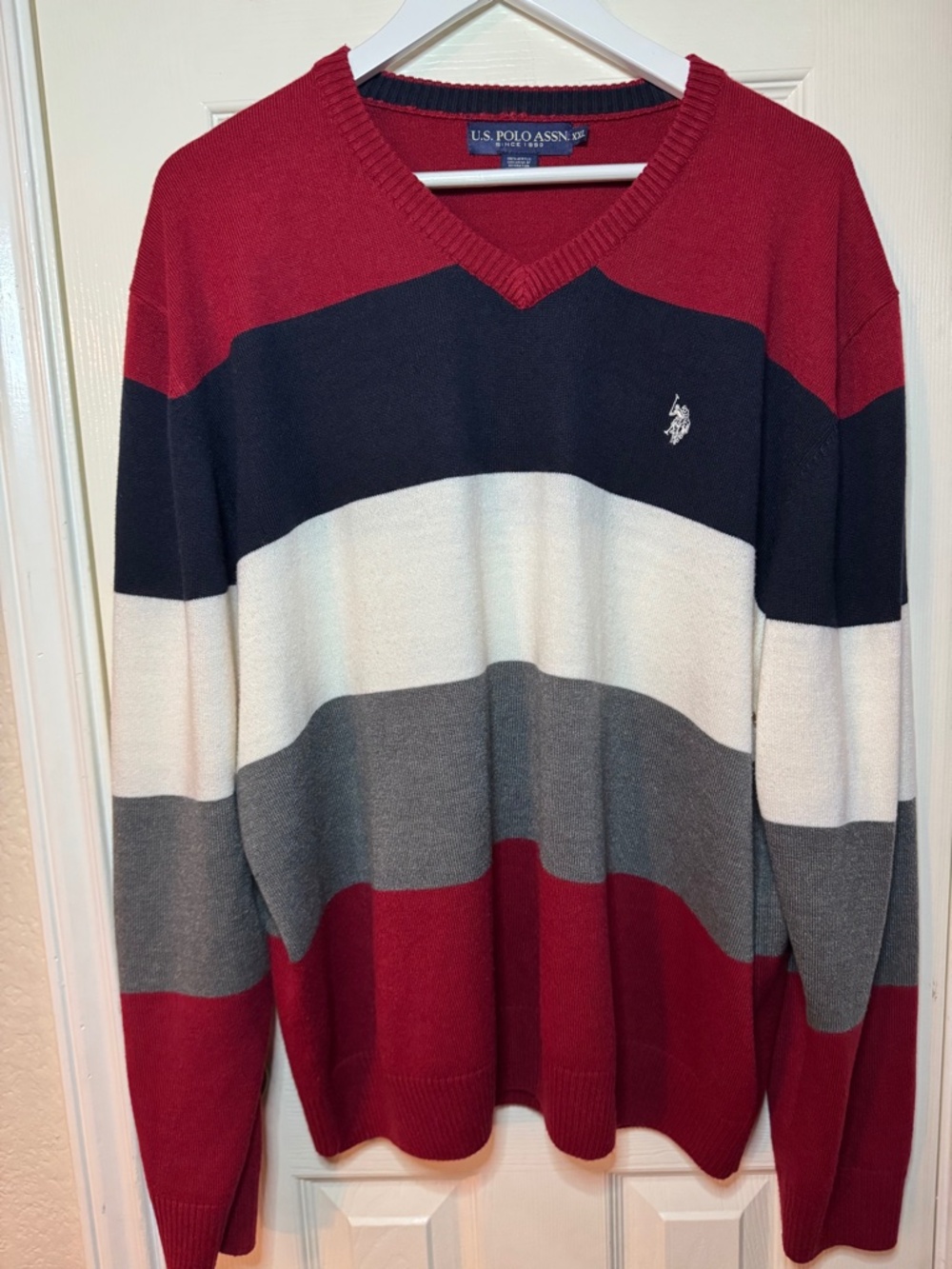 U.S. Polo Assn. XXL Colorblock V-Neck Sweater  Red Navy Gray White Preppy Knit